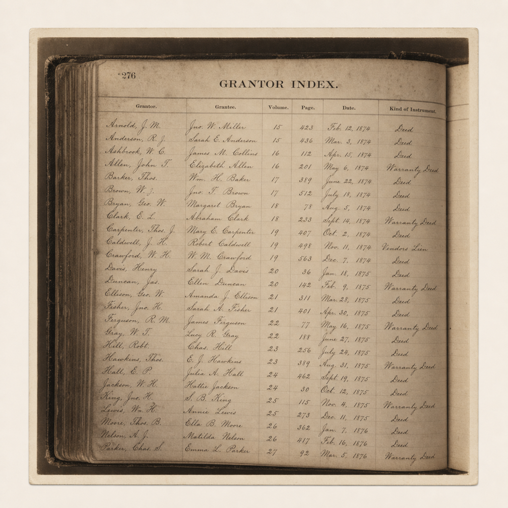 1870s Texas county clerk grantor index ledger, sepia photograph